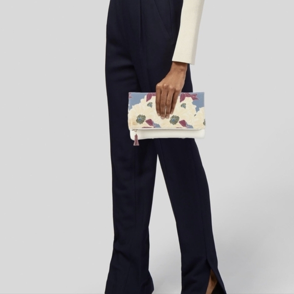 Rachel Pally Leather Trimmed Fold-over Clutch Cream Floral Pattern NWOT - Picture 14 of 14